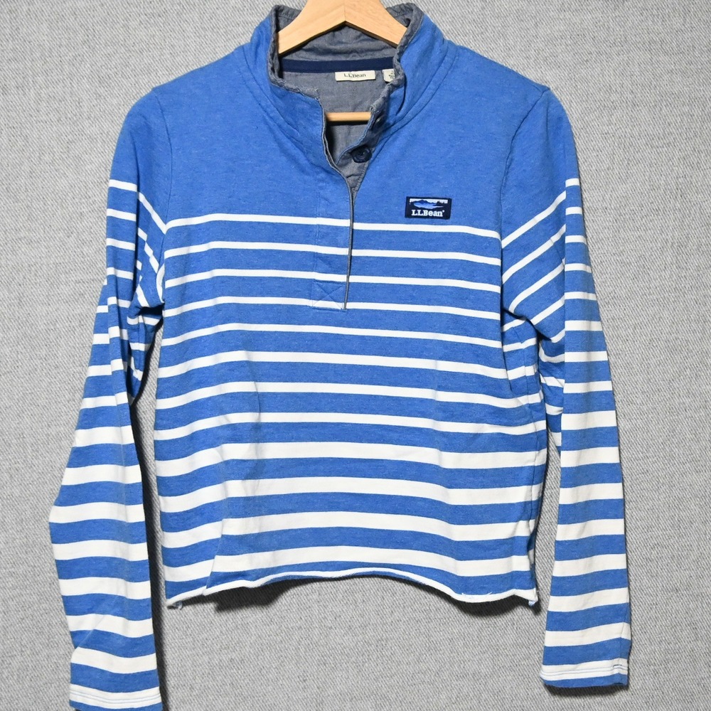 LL Bean Pullover Womens Striped Cropped Snap Neck S Blue